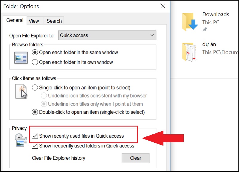 Chọn Show recently used folders in Quick access để bật hiển thị Các thư mục đã mở gần đây.